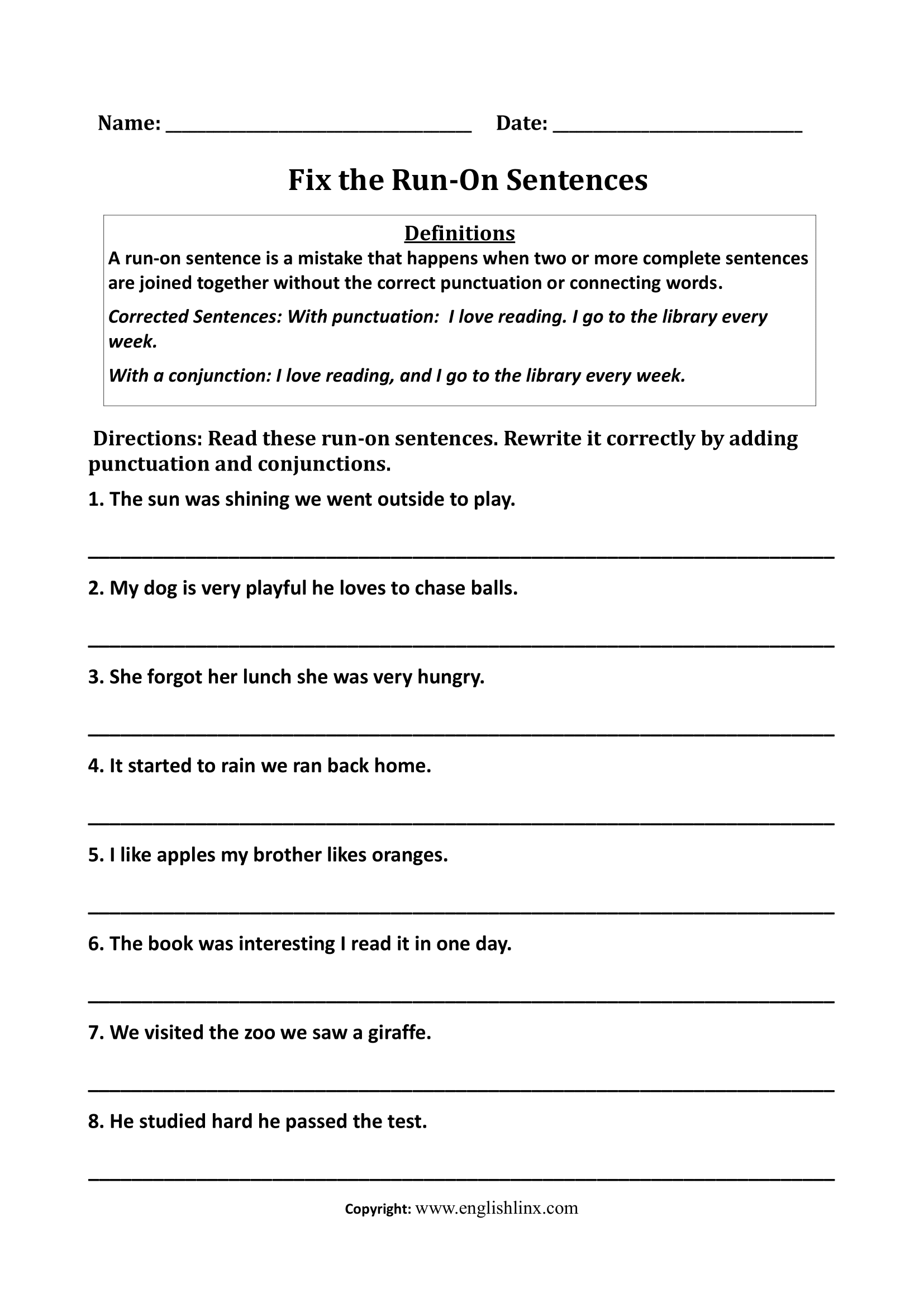 Fix Run On Sentences 5th Grade Writing Worksheets